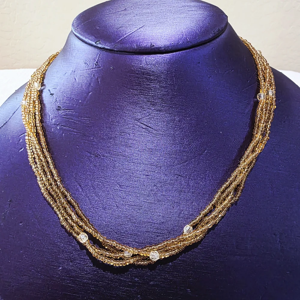 Vintage Glass Bead Beaded Amber Orange Gold White 4 Strand Layered Necklace